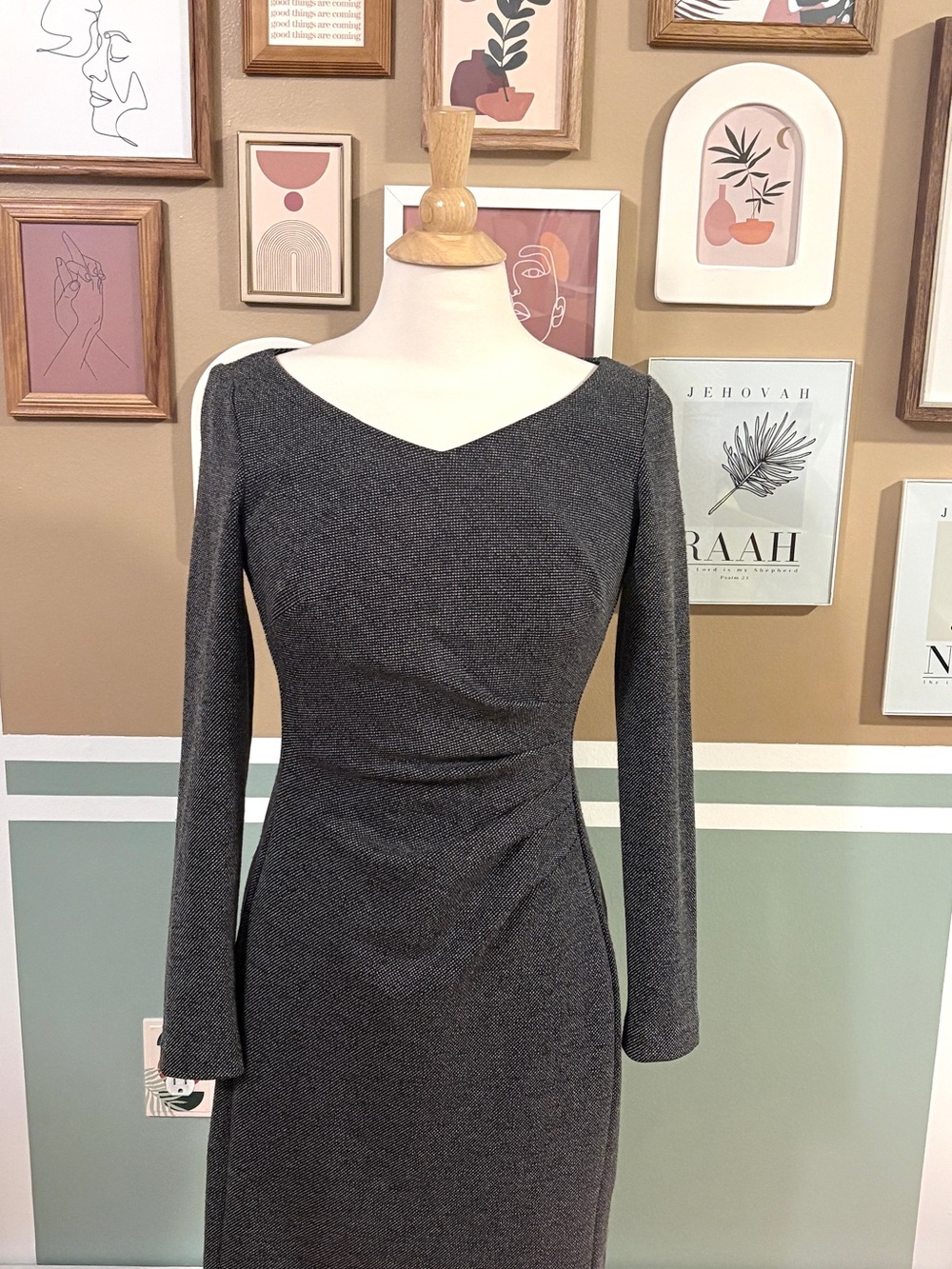 Lauren Ralph Lauren Gray Herringbone Faux-Wrap Long Sleeve Sheath Dress